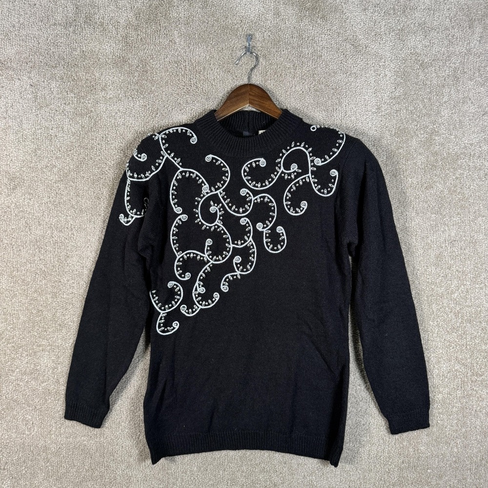 Vintage Ann W Sweater Womens Small Black Silver‎ Beaded Embellished 80s Party